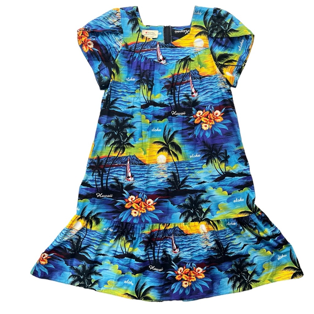 Royal Hawaiian Creations Women’s Medium Tropical Island Scene Pattern Midi Dress